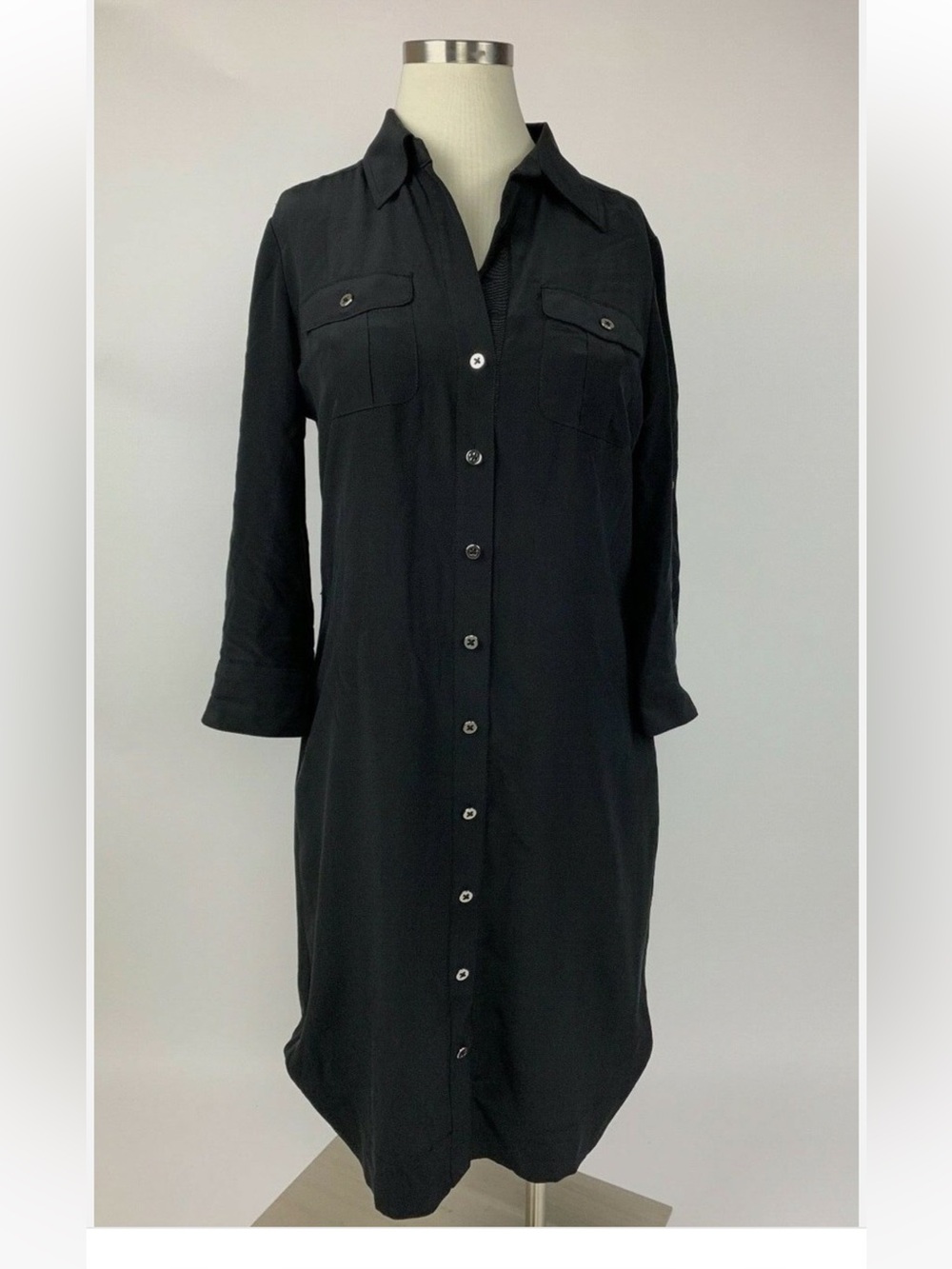 White House Black Market Black Shirt Dress 100% Silk